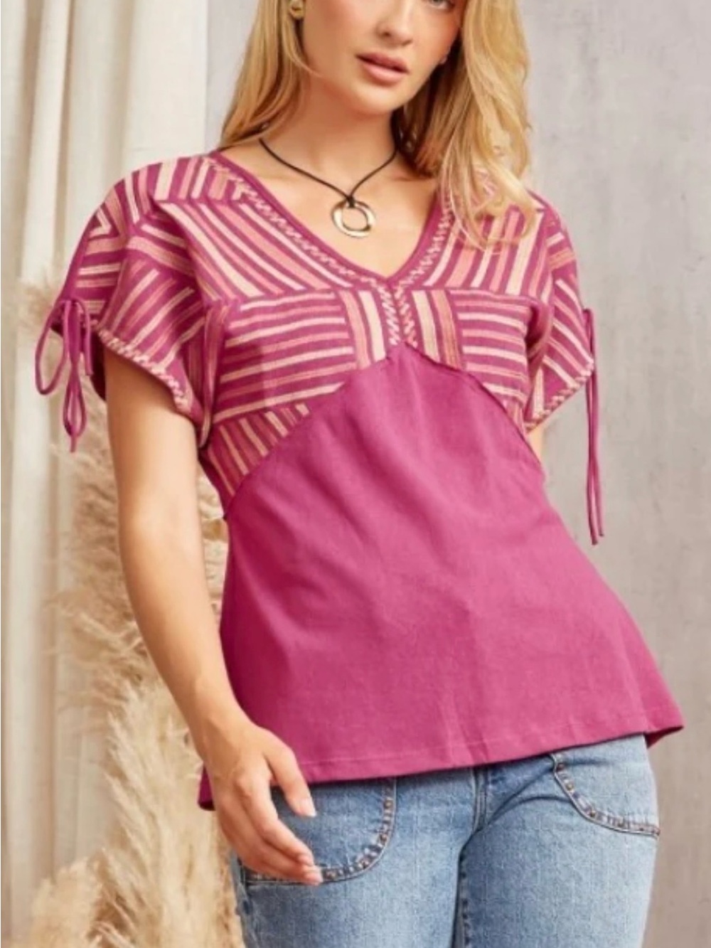Savanna Jane NWT 1X Fuchsia Striped Embroidered V-Neck Tunic